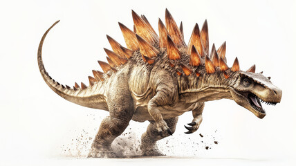 A fierce Stegosaurus dinosaur with orange spikes captured in a dynamic pose against a white background, showcasing its powerful build.