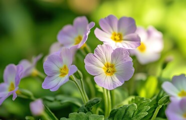 purple primrose flowers in the garden, with a blurry green background