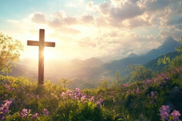 Religious representation with cross and nature landscape background , ai