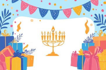Obraz premium Hanukkah. Simple flat background illustration with colorful gift boxes and blue garlands with a golden Hanukkah candlestick. Warm color scheme envelops the scene in warmth. Vector graphics