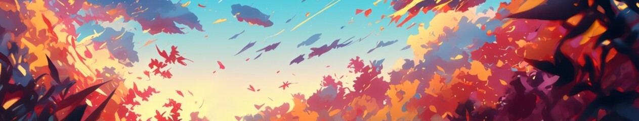 Obraz premium Enchanting Anime Autumn Rain: Ethereal 2025 Equinox Scene with Dreamy Clouds and Vibrant Fall Colors. Mesmerizing 4K Wallpaper for UI, Web, and Halloween-themed Designs Capturing the Essence of Season