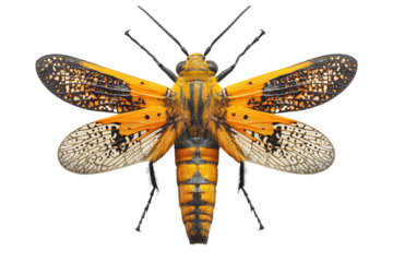 Close-up view of a vibrant orange and black insect, showcasing intricate wing patterns and detailed anatomy.