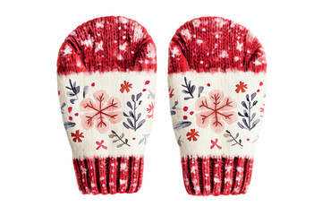 Cozy winter mittens featuring a festive design with snowflakes and floral patterns, perfect for cold weather fashion.