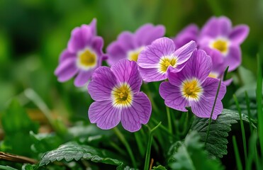 Obraz premium purple primrose flowers in the garden, with a blurry green background