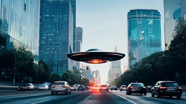 UFO sighting above busy city street during sunset