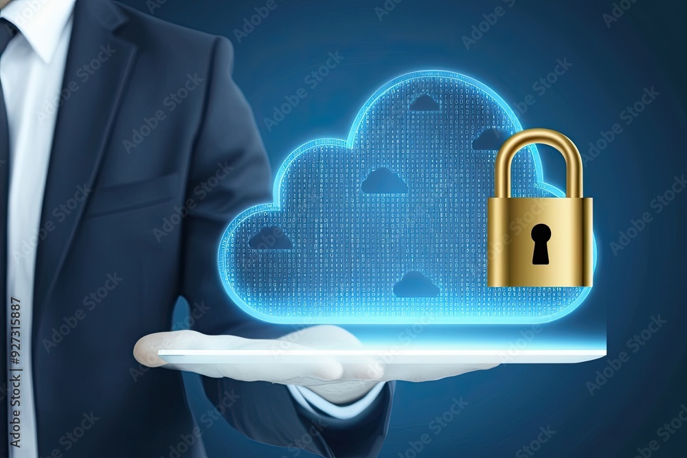 Poster modern cloud data security strategies featuring stylish cloud and padlock symbols for data integrity