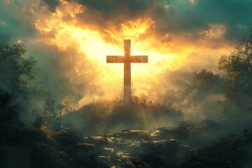 Fototapeta premium Religious representation with cross and nature landscape background , ai