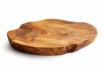 A wooden plate with an irregular shape and round edges is isolated on a white background.