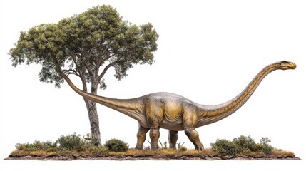 Fototapeta premium A majestic dinosaur with a long neck standing next to a tree in a prehistoric setting, highlighting ancient wildlife and natural history.
