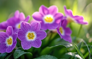 Fototapeta premium purple primrose flowers in the garden, with a blurry green background
