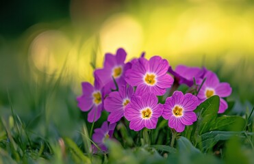 purple primrose flowers in the garden, with a blurry green background