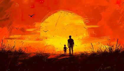 Obraz premium Silhouette of a Father and Son Walking into the Sunset