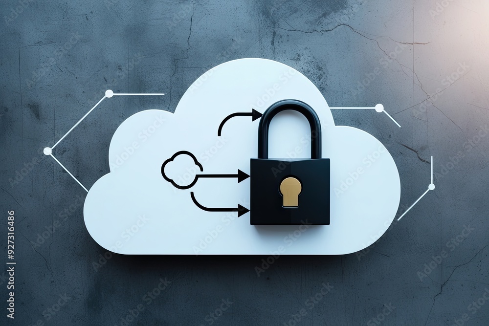 Poster innovative cloud security strategies featuring abstract cloud design and strong lock icon for enhanc