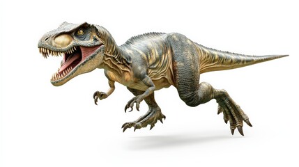A realistic 3D rendering of a roaring Tyrannosaurus rex showcasing its ferocity and detail on a clean white background.