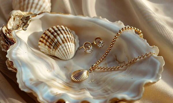 Gold jewelry in the shape of a seashell in a seashell
