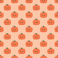 Obraz premium Background for the harvest festival. A ripe pumpkin with a cute face. Seamless pattern with kawaii vegetable character