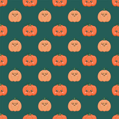 Fototapeta premium Background for the harvest festival. A ripe pumpkin with a cute face. Seamless pattern with kawaii vegetable character