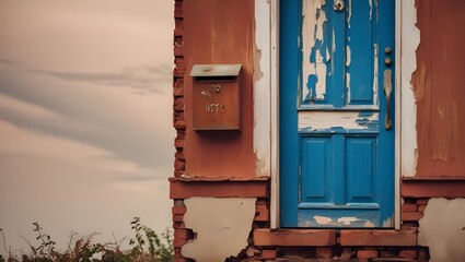 An old weathered blue door on a brick wall, with peeling paint and a small rusty mailbox attached