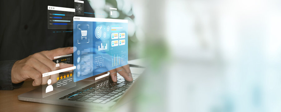 Digital shopping analysis concept. A person interacts with a laptop displaying digital shopping analytics, customer reviews, and AI-driven e-commerce tools on a virtual interface.