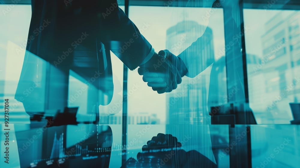 Poster two businesspeople shaking hands in a modern office with a cityscape backdrop. the image is stylized