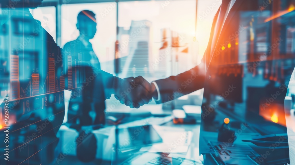 Poster two businesspeople shake hands in front of a window with a city skyline in the background. there are