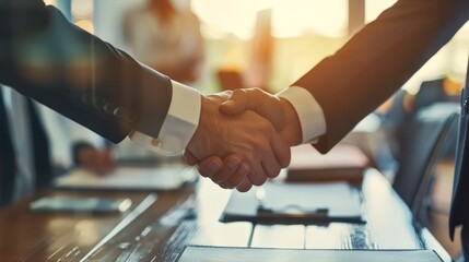Two business people shaking hands after signing a contract in a brightly lit office.