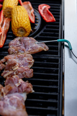 Grilled chicken meat with vegetables on barbecue grill with smoke.