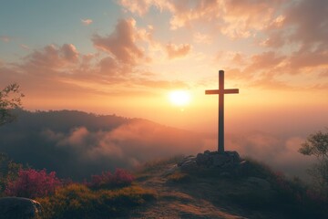 Serene Sunrise Behind Cross on Hill, Spiritual Awakening Concept , ai
