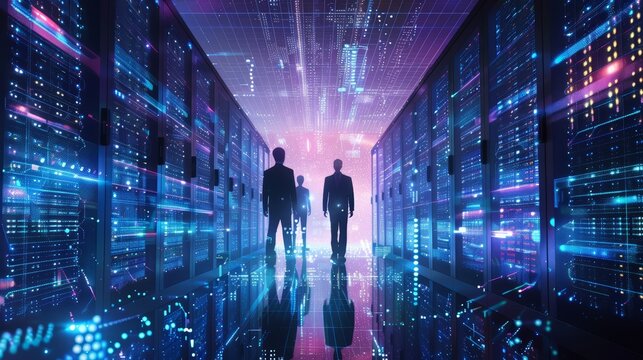 Silhouettes of three people walking down a server room corridor, with a digital city overlay above.