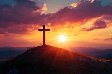 Fototapeta premium Serene Sunrise Behind Cross on Hill, Spiritual Awakening Concept , ai