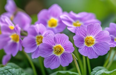 Fototapeta premium purple primrose flowers in the garden, with a blurry green background