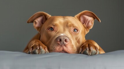 Pitbull lying at the foot of its owner s bed, loyal guardian, watchful protector during the night