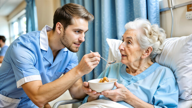 Male orderly spoon feeding elderly lady in hospital