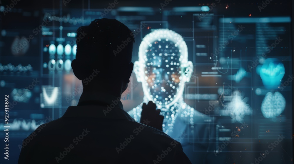 Poster silhouetted person in front of a screen displaying a futuristic digital face and data.