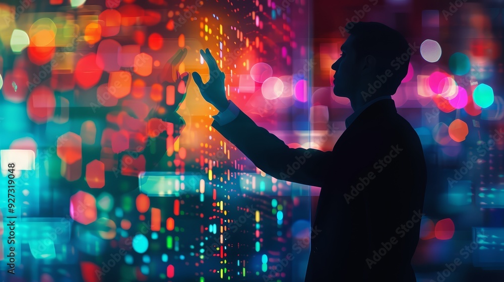 Poster silhouetted businessman interacts with a glowing digital display, a futuristic concept representing 