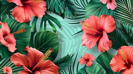 Fototapeta premium A tropical flower illustration pattern with vibrant hibiscus flowers and lush green palm leaves, creating a lively and exotic design on a turquoise background. 8k UHD, suitable for high-quality 