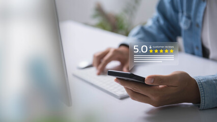 Customer review good rating concept, person using a smartphone to view a 5-star customer review. positive customer feedback, testimonial and testimony, user comment and feedback for review.