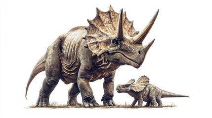 Fototapeta premium Artistic illustration of a triceratops and its baby in a prehistoric setting, showcasing intricate details of their appearance and environment.