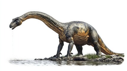 Obraz premium An image of a Brachiosaurus, a large dinosaur with a long neck and tail, standing near a water body. Perfect for educational and historical purposes.