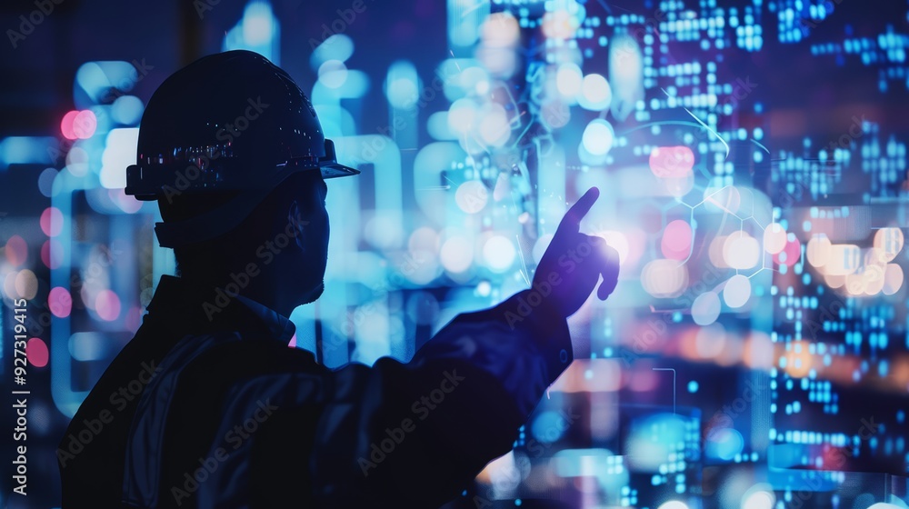 Poster silhouette of an engineer in a hardhat interacting with digital data.