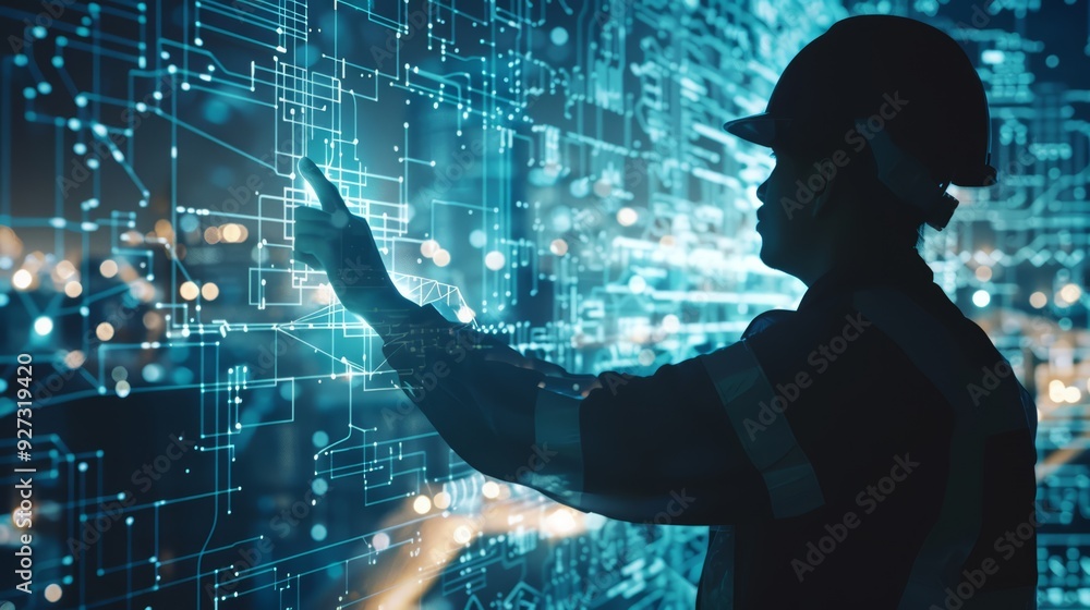 Poster silhouette of an engineer in a hard hat interacting with a futuristic digital screen.