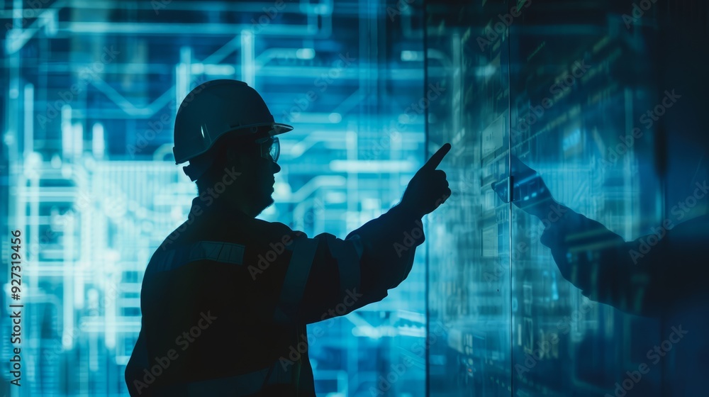 Poster silhouette of a worker in a hard hat interacting with a large digital display with blue background.