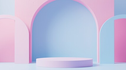 3d rendering of minimalist empty podium with pink and blue background
