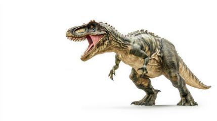 Detailed 3D rendering of a roaring T-Rex dinosaur on a white background, showcasing its fierce expression and realistic texture.