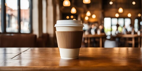 coffee cup on a wooden table in a warmly lit cafe in blurred background