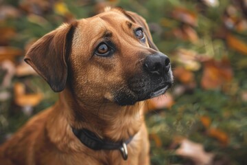 Obraz premium Closeup of a brown dog with a soulful expression against a backdrop of colorful autumn leaves