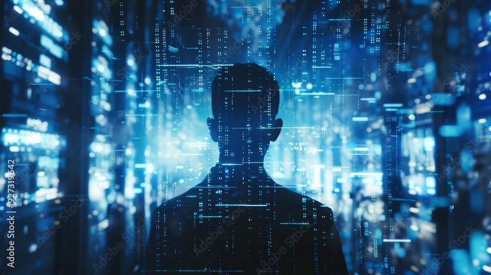 Poster silhouette of a person with digital data and lines in the background.