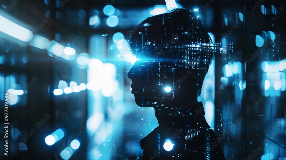 Poster silhouette of a person with a blue digital pattern overlayed, a blurred background of bokeh lights.