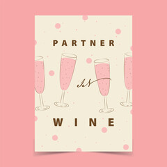 Bridal shower vintage invitation. Partner in vine, romantic card, banner for valentine's day	.Vector illustration. Wedding invitation with gold champagne