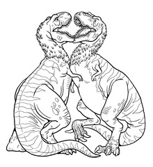 Fight between two Tyrannosaurus Rex. Dinosaur battle to color in. Drawing with prehistoric animals.
